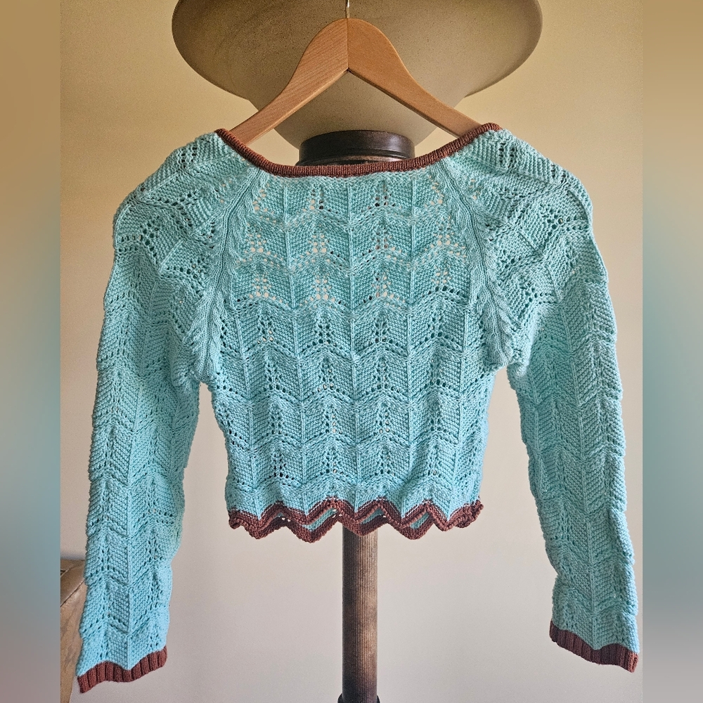 NWOT Urban Outfitters Aqua Open-Knit Sweater with Brown Trim - Picture 3 of 17